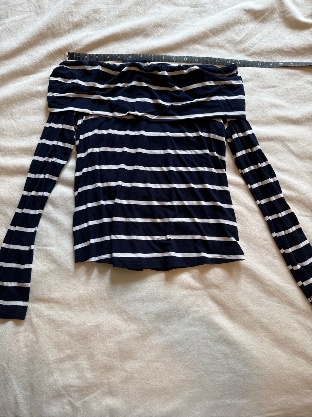 Lulus Basics Off-Shoulder Navy and White Stripe Long-Sleeve Top